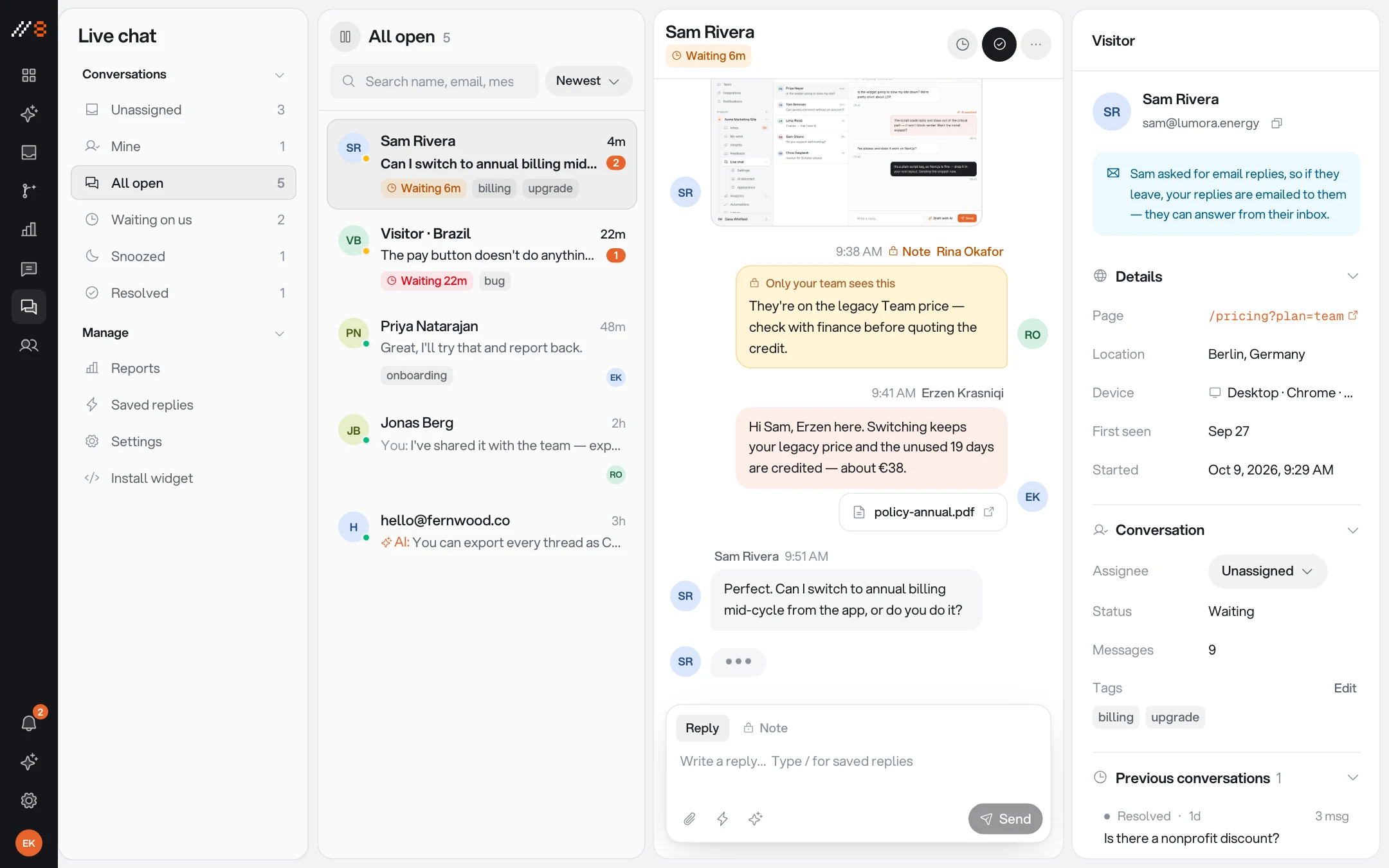 The Annot8 live chat inbox, with a visitor conversation open and an AI assistant reply suggested alongside the team's own messages.