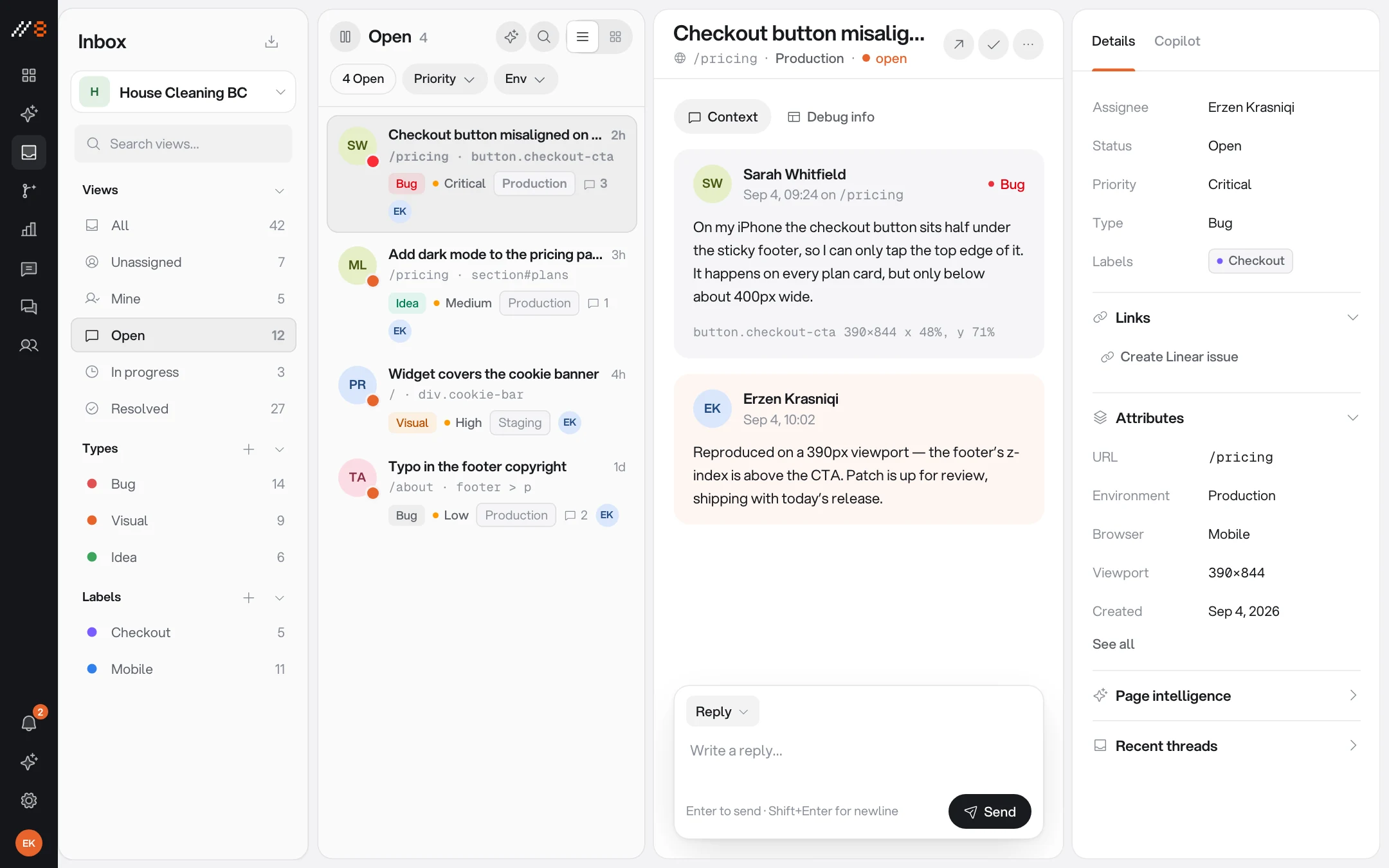 The Annot8 project inbox listing feedback threads, each showing the page path and the CSS selector of the element it was pinned to, with issue type, priority, and assignee.